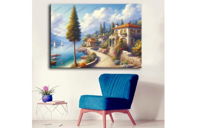 Yağlı Boya Görünümlü Sahil Kasabası Manzara Tablosu dkmr543