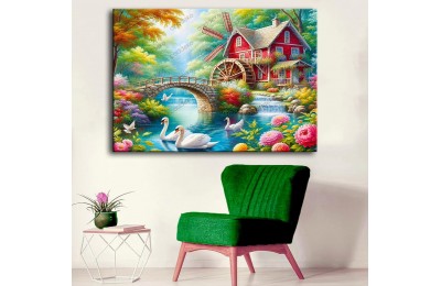 Yağlı Boya Görünümlü Göl Evi, Değirmen ve Kuğular Manzara Tablosu dkmr545