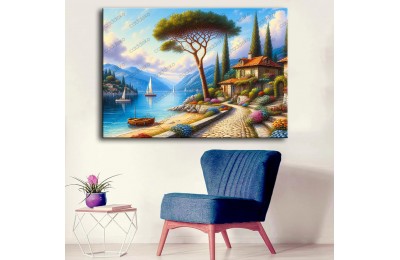 Yağlı Boya Görünümlü Sahil Kasabası Manzara Tablosu dkmr546