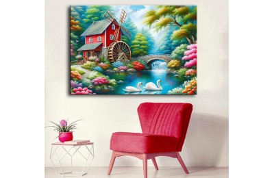 Yağlı Boya Görünümlü Göl Evi ve Kuğular Manzara Tablosu dkmr549