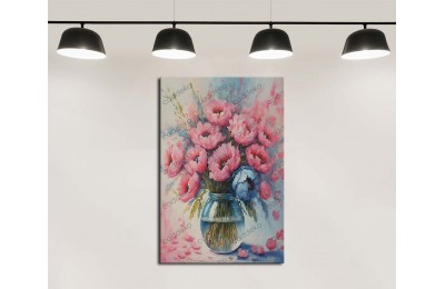 dkmr583 Vazoda Pembe ve Mavi Çiçekler Dekoratif Tablo 