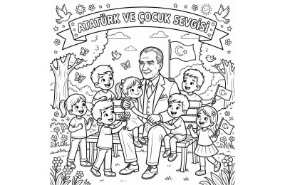 Atatürk ve Çocuk Sevgisi Çocuklar İçin Yapışkanlı Kanvas Bezi Resim Boyama BYM-22