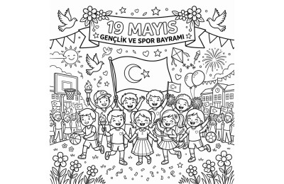 19 Mayıs Gençlik ve Spor Bayramı Çocuklar İçin Yapışkanlı Kanvas Bezi Resim Boyama BYM-30