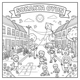 Sokakta Oyun Çocuklar İçin Yapışkanlı Kanvas Bezi Resim Boyama BYM-34