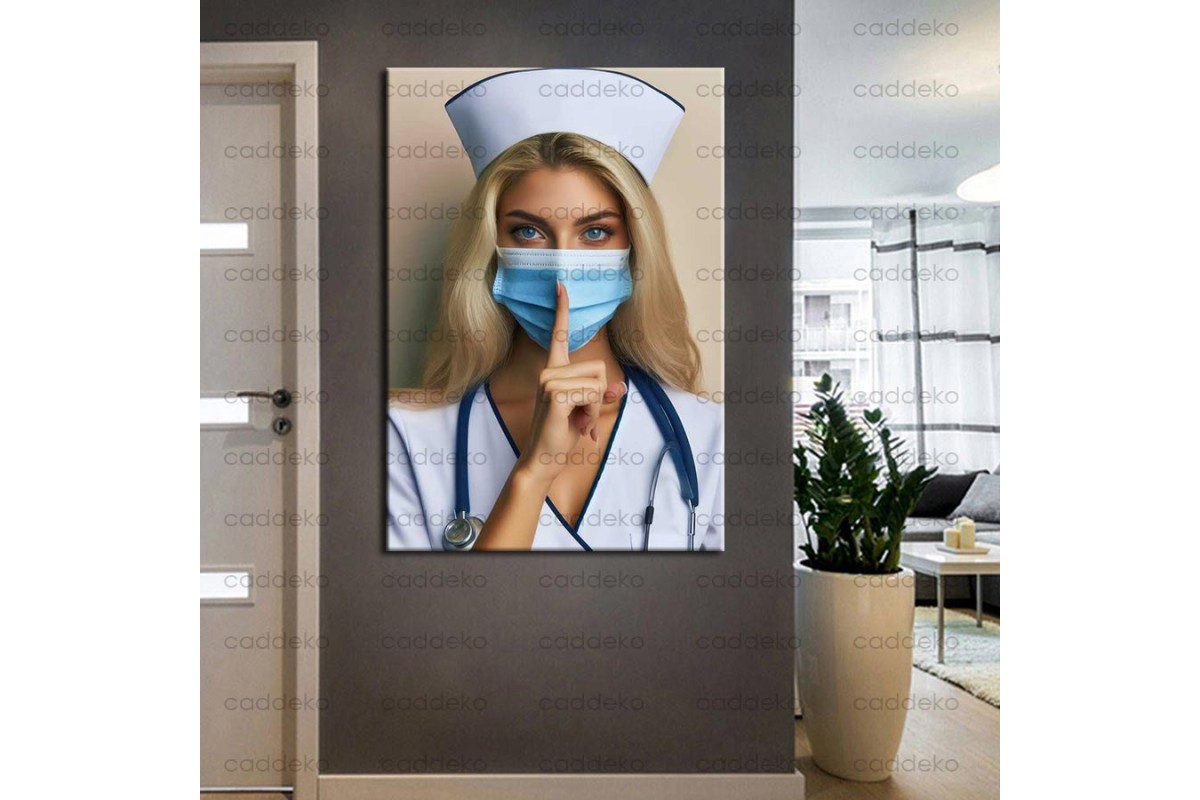 Sus İşareti Yapan Maskeli Hemşire Hastane İçin Kanvas Tablo hst153