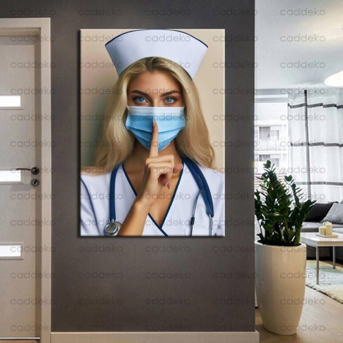Sus İşareti Yapan Maskeli Hemşire Hastane İçin Kanvas Tablo hst153