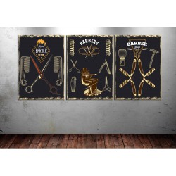 Berber Malzemeleri Dekoratif Üçlü Kanvas Tablo dkm-k24