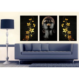 Afrikalı Siyahi Kadın ve Çiçekler Altın Dekoratif Tablo dkm-k2b