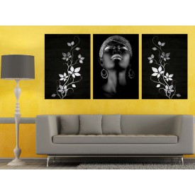 Afrikalı Siyahi Kadın ve Çiçekler Gümüş Dekoratif Tablo dkm-k3a