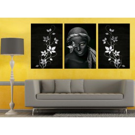 Afrikalı Siyahi Kadın, Kelebek ve Çiçekler Gümüş Dekoratif Tablo dkm-k3b