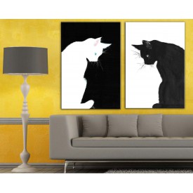 Kara Kedi Beyaz Kedi İkili Kanvas Tablo dkm-k4