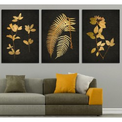 Sarı Yapraklar Pastel Gold Yağlı Boya Görünüm Üçlü Tablo dkm-k49-146