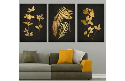 Sarı Yapraklar Pastel Gold Yağlı Boya Görünüm Üçlü Tablo dkm-k49-146