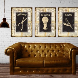 Erkek Berberi Retro Konsept Kuaför Üçlü Tablo dkm-k55