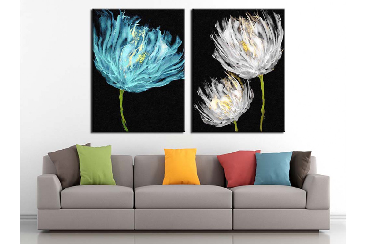 Beyaz ve Mavi Çiçekler Yağlı Boya Görünüm 2 Parça Kanvas Tablo dkm-k71-k1-4-5