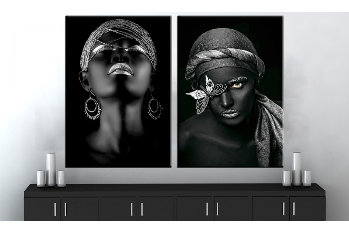 Afrikalı Kadın Gümüş Renk İkili Konsept Kanvas Tablo dkm-zk210