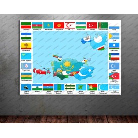 Türk Devletleri Bayrakları ve Dünya Türkleri Turan Haritası dkmr233