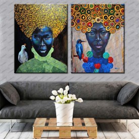 İki Afrikalı Kadın Yağlı Boya Görünüm 2 Parça Kanvas Tablo dkmr238a-b