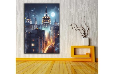 Galata Kulesi İstanbul Fantastik Masalsı Gece Kanvas Tablo dkmr278