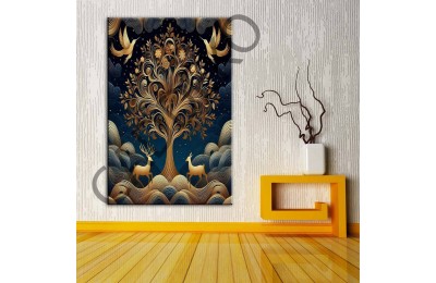 Fantastik Ağaç ve Geyikler Gold Kanvas Tablo dkmr376