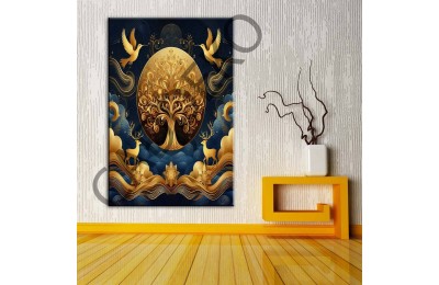 Fantastik Ağaç ve Geyikler Gold Kanvas Tablo dkmr377