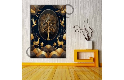 Fantastik Ağaç ve Geyikler Gold Kanvas Tablo dkmr378