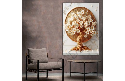 Beyaz Uzakdoğu Çiçekleri Gold 3 Dekoratif Kanvas Tablo dkmr443