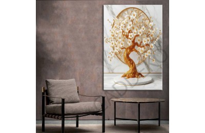 Beyaz Uzakdoğu Çiçekleri Gold 5 Dekoratif Kanvas Tablo dkmr447