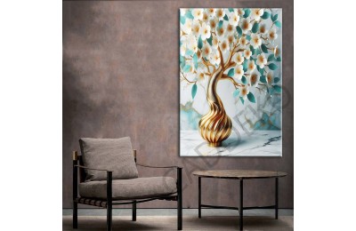 Beyaz Turkuvaz Uzakdoğu Çiçekleri Gold 2 Dekoratif Kanvas Tablo dkmr448