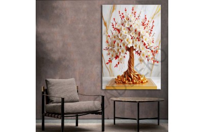 Beyaz Kırmızı Uzakdoğu Çiçekleri Gold 2 Dekoratif Kanvas Tablo dkmr450