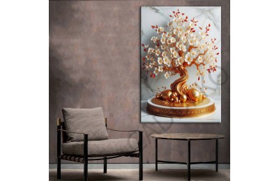 Beyaz Uzakdoğu Çiçekleri Gold Dekoratif Kanvas Tablo dkmr453