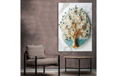 Beyaz Mavi Çiçekler Gold 6 Dekoratif Kanvas Tablo dkmr454