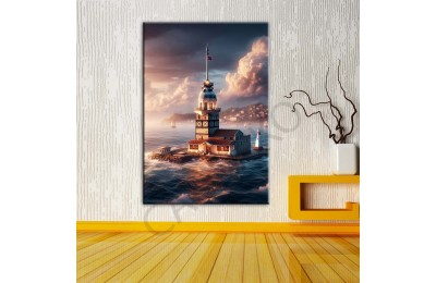 İstabul Kızkulesi Dolunay Fantastik Gece 4 Dekoratif Kanvas Tablo dkmr479
