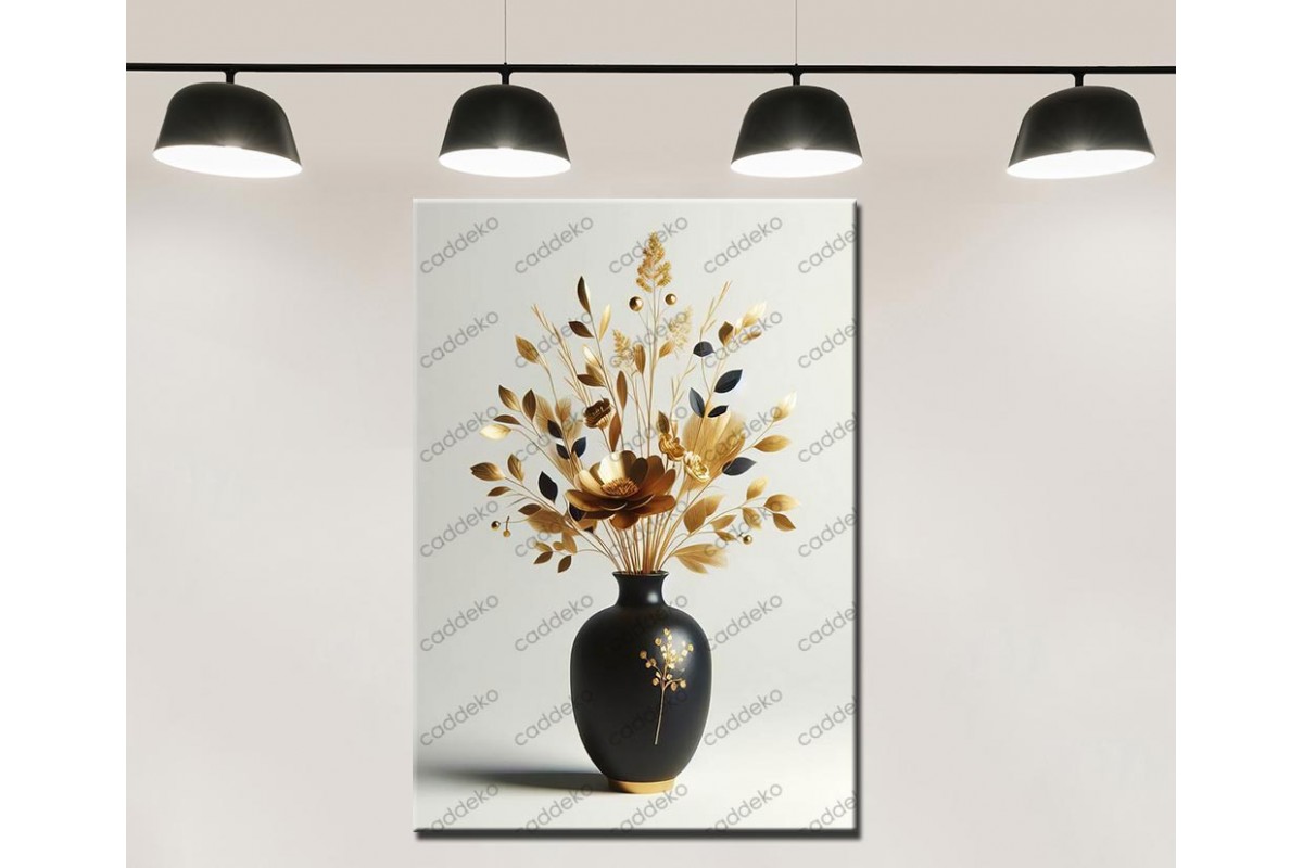 Siyah Vazo Gold Çiçekler Dekoratif Tablo dkmr515