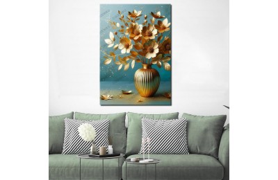 Vazoda Gold Çiçekler Dekoratif Tablo dkmr518