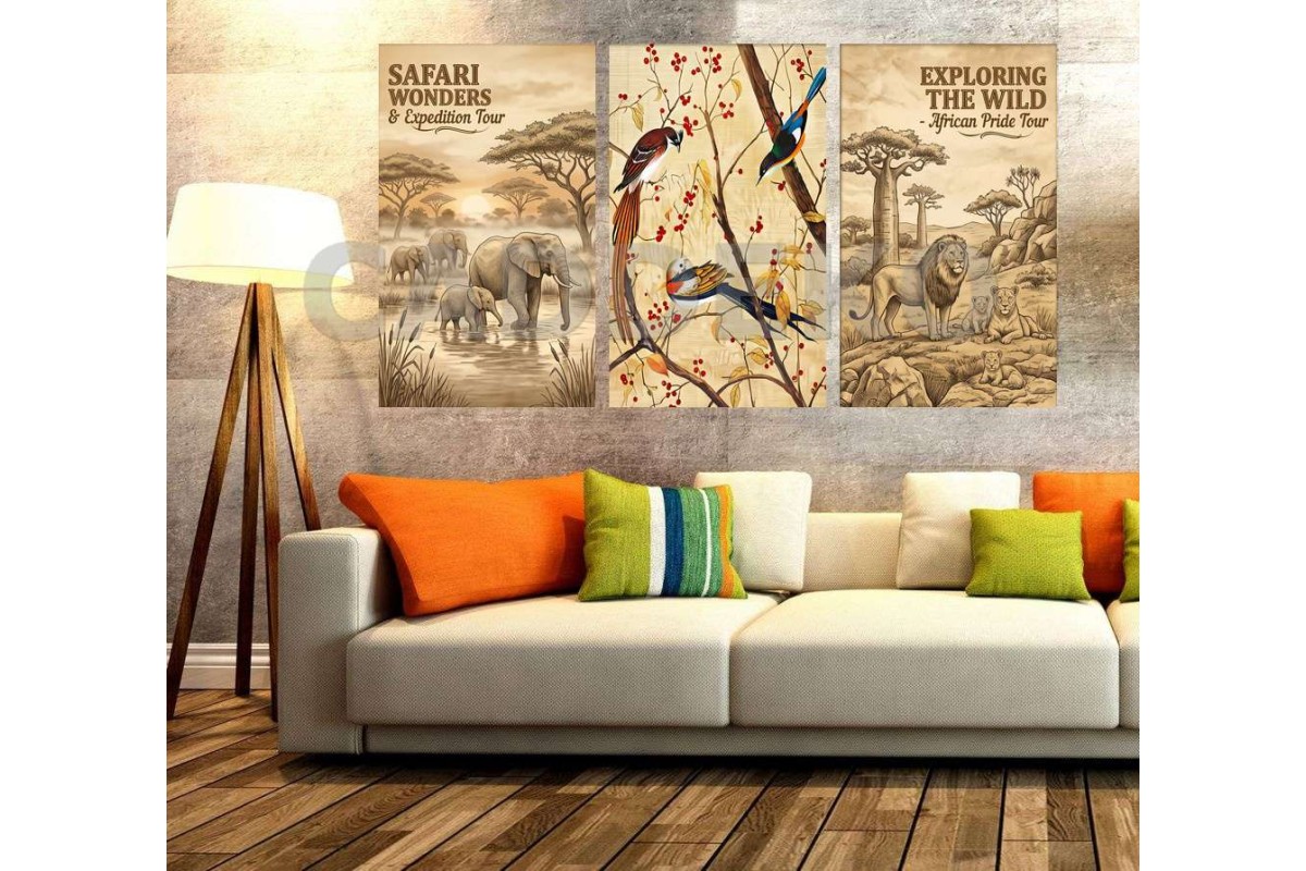 Retro Çizgi Çizim Afrika Safari Doğa Dekoratif Yapışkanlı Kanvas Bezi DDK-04 Retro Çizgi Çizim Afrika Safari Doğa Dekoratif Yapışkanlı Kanvas Bezi DDK-04