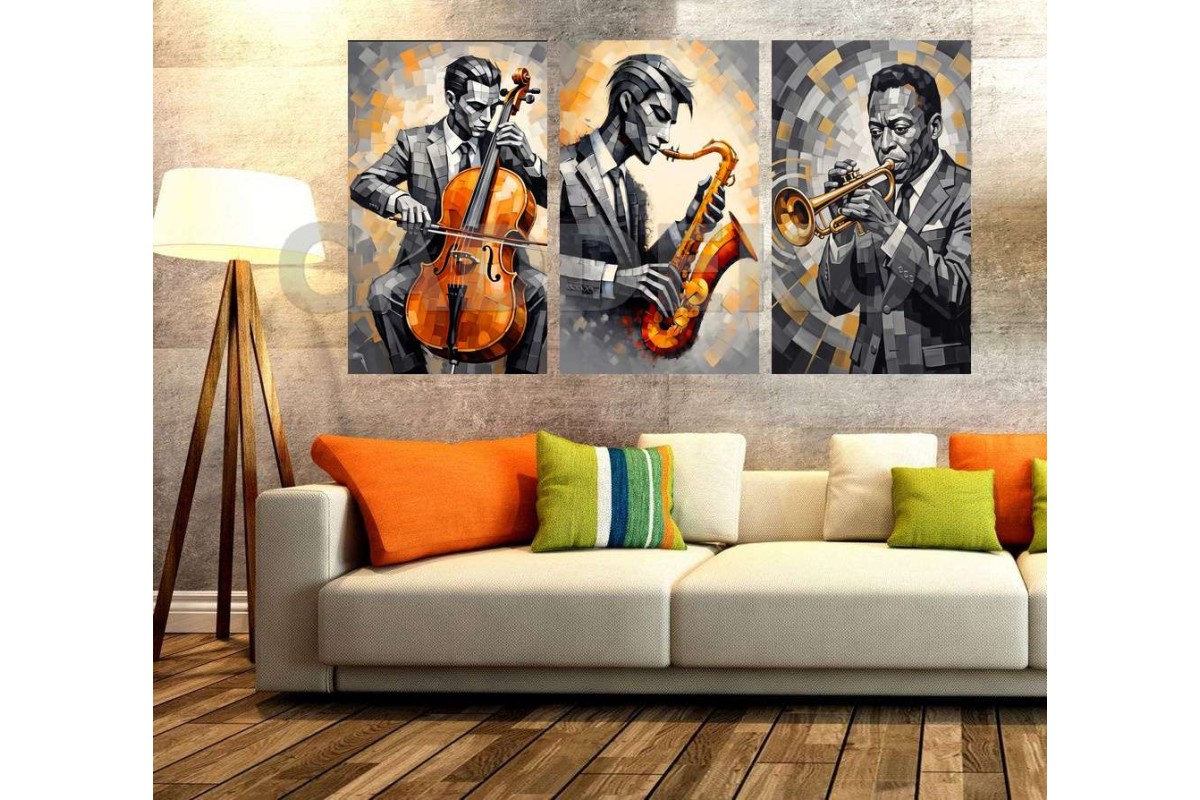 Siyah Beyaz Caz Müzisyenleri Orkestra Dekoratif  Yapışkanlı Kanvas Bezi DDK-129
