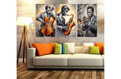 Siyah Beyaz Caz Müzisyenleri Orkestra Dekoratif  Yapışkanlı Kanvas Bezi DDK-129