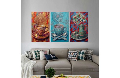 Pop Art Renkli Kahve Fincanı Dekoratif  Yapışkanlı Kanvas Bezi DDK-132