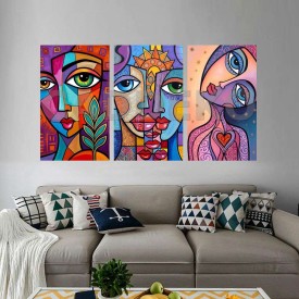 Pop Art Canlı Renkli Yüzler Dekoratif  Yapışkanlı Kanvas Bezi DDK-13