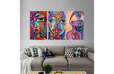 Pop Art Canlı Renkli Yüzler Dekoratif  Yapışkanlı Kanvas Bezi DDK-13