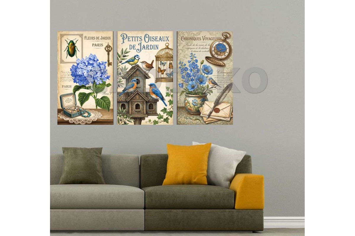 Retro Botanik Mavi Hortensia Kuşevi Dekoratif  Yapışkanlı Kanvas Bezi DDK-52