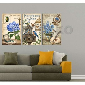 Retro Botanik Mavi Hortensia Kuşevi Dekoratif  Yapışkanlı Kanvas Bezi DDK-52