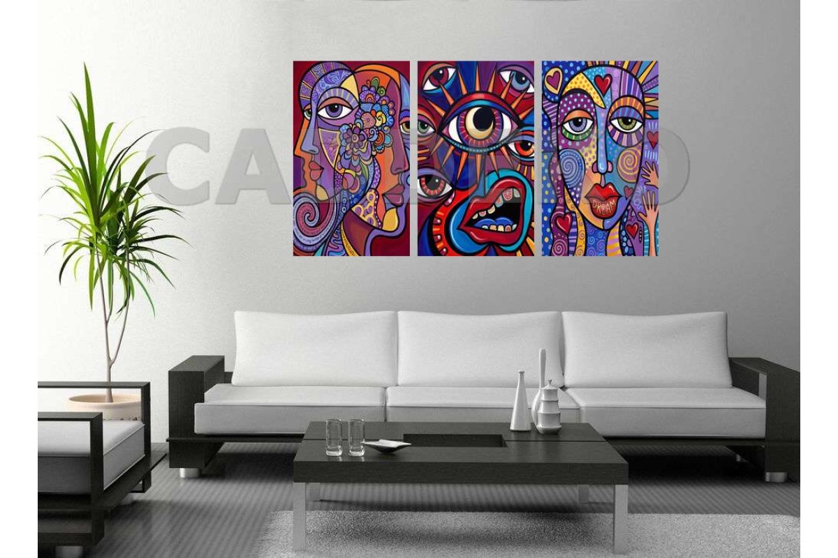 Pop Art Canlı Renkli Yüzler Göz Dekoratif  Yapışkanlı Kanvas Bezi DDK-70