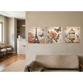 Eyfel Çiçekler ve Kuş Pastel Tonlar Dekoratif Yapışkanlı Kanvas Bezi KKK-10