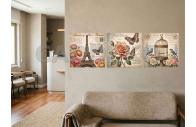 Eyfel Çiçekler ve Kuş Pastel Tonlar Dekoratif Yapışkanlı Kanvas Bezi KKK-10