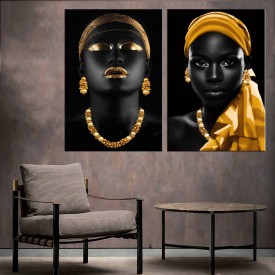 Afrikalı Kadın Altın Renk Ve Eşarplı İkili Konsept Kanvas Tablo zk33-35