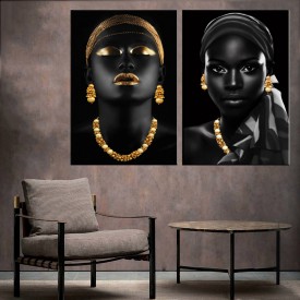 Afrikalı Kadın Altın Ve Siyah Eşarplı İkili Konsept Kanvas Tablo zk33-36