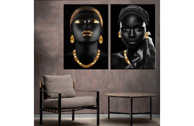 Afrikalı Kadın Altın Ve Siyah Eşarplı İkili Konsept Kanvas Tablo zk33-36